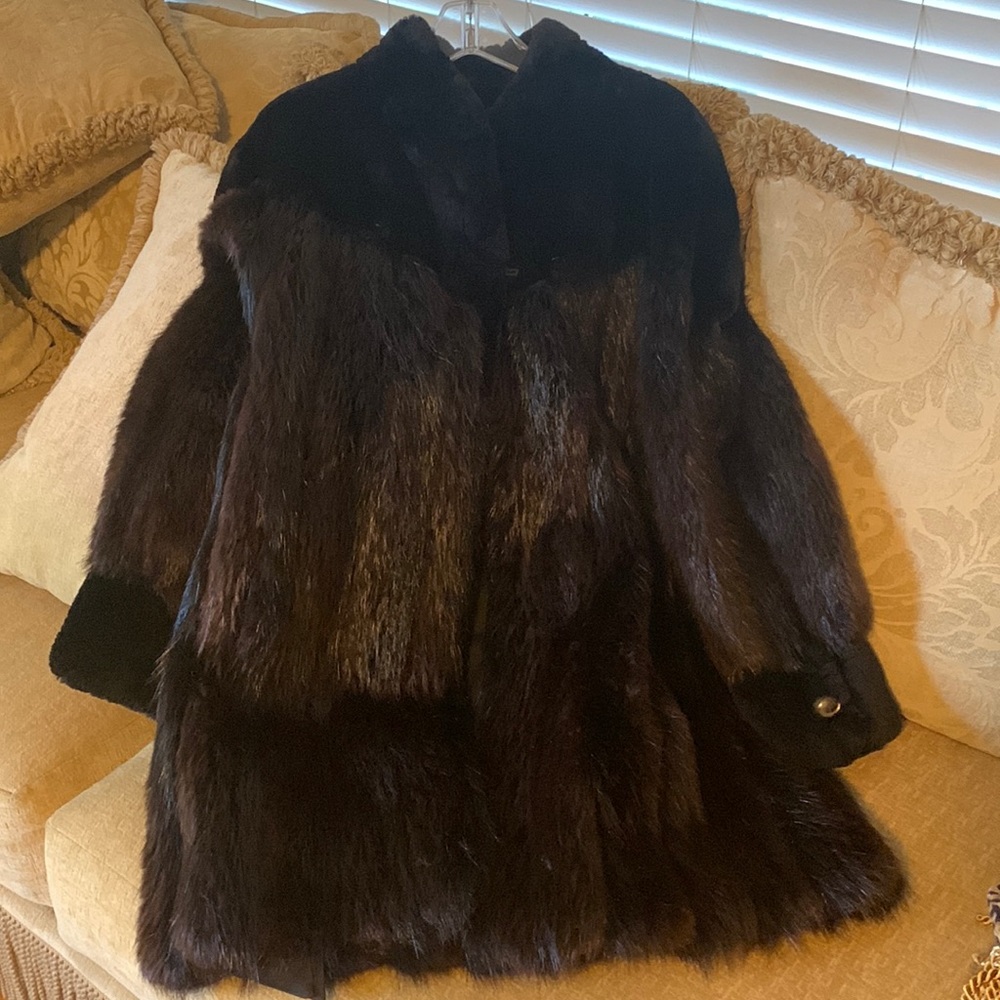 3/4 length Mahogany Beaver Coat with Sheared cuff and collar